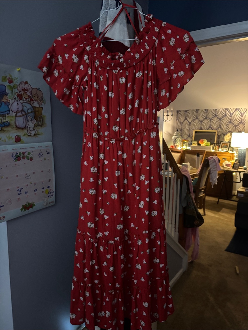 Girls Red Floral Ruffle-Sleeve Dress